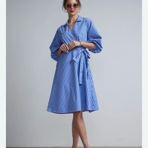 New York & Co blue stripe collar wrap dress